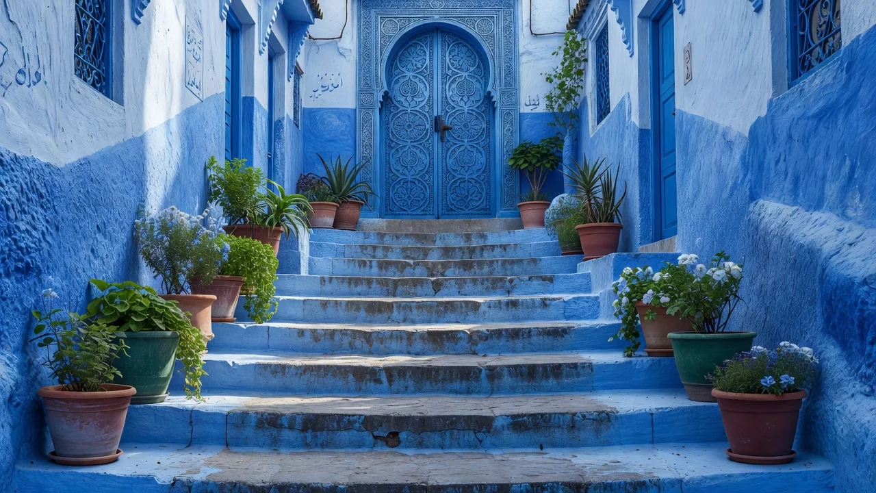 Ruela azul da medina de Chefchaouen com vasos de flores