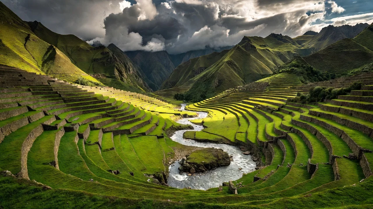 Paisagem dos Andes peruanos com montanhas e vale verde